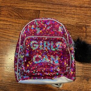 Justice mini backpack  “Girls Can” Pink and Silver sequins
